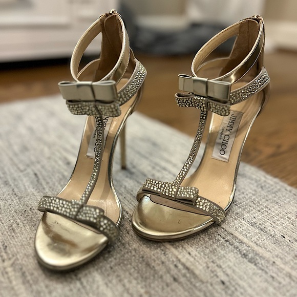 Jimmy Choo formal gold heel with bows & jewels - Picture 1 of 5